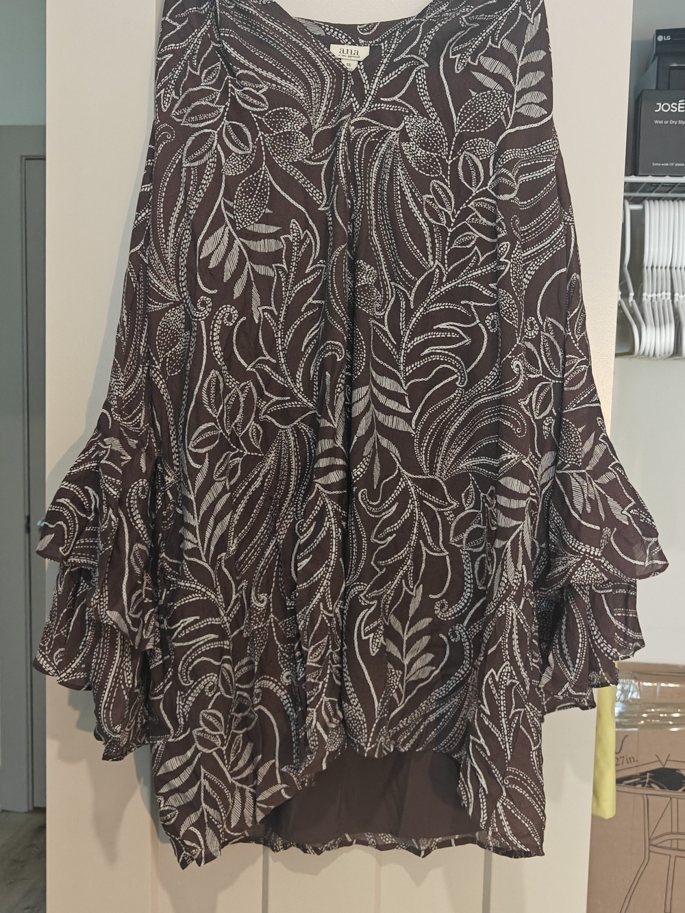 a.n.a Brown and Cream Asymmetrical Ruffle-Hem Dress